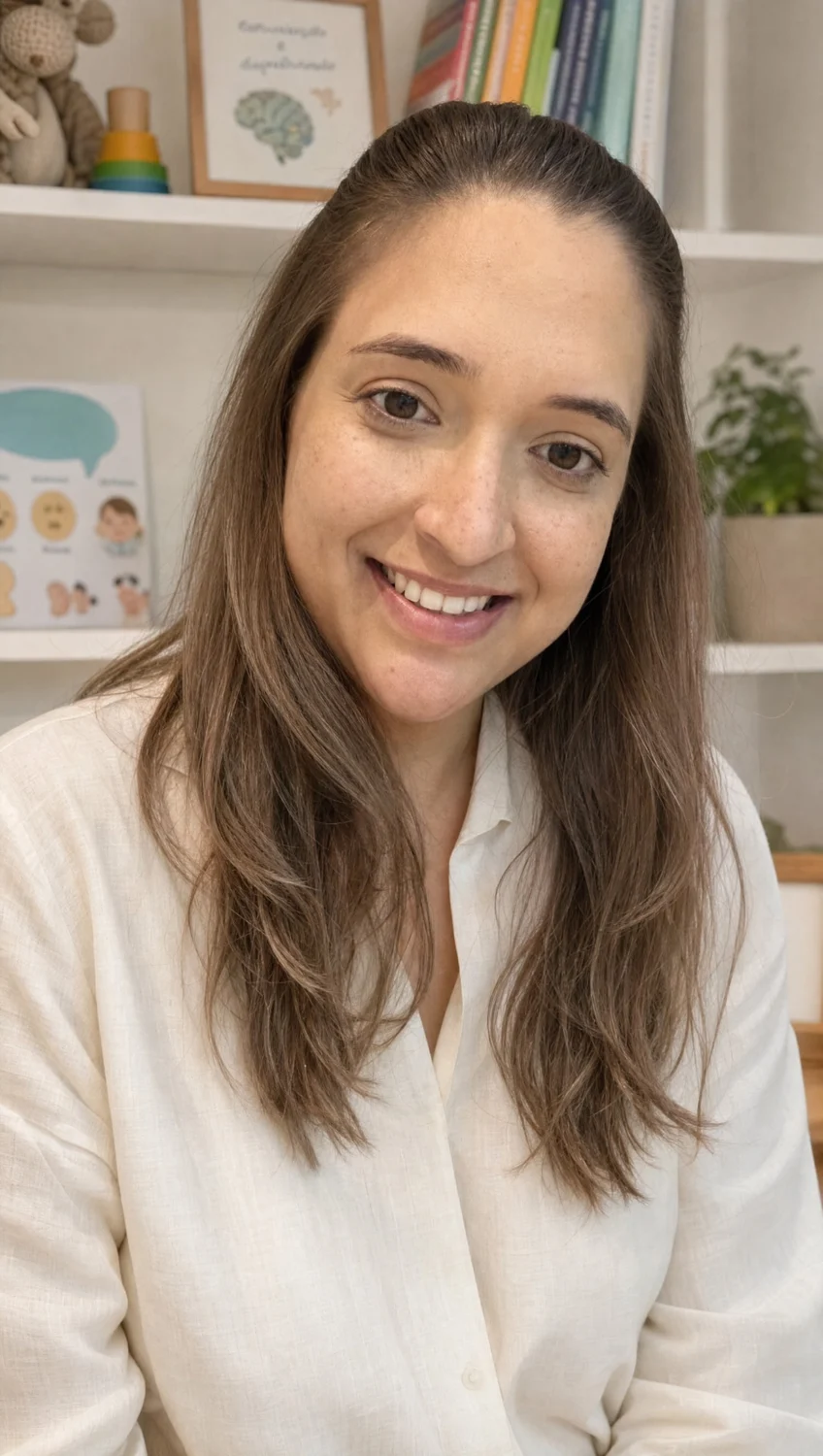 Dra. Mara Pinho sorrindo no consultório, com livros e materiais de atendimento ao fundo